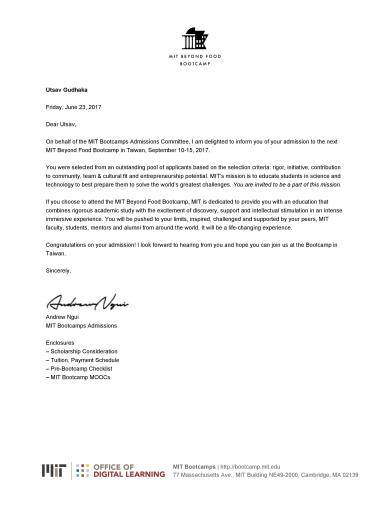 The admission letter from MIT Beyond Food Bootcamp
