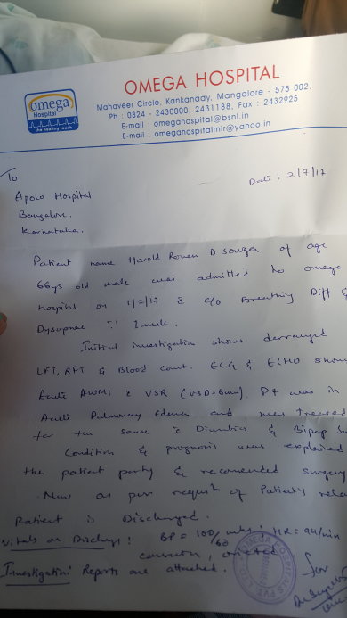Letter of transfer to Apollo Bangalore