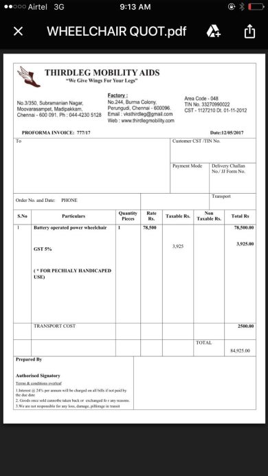 Estimate for standard wheelchair negotiated