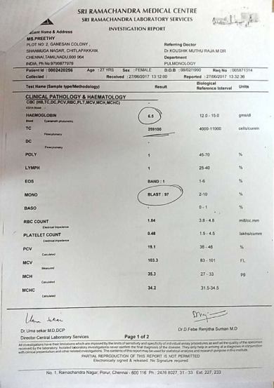 Investigation report - Pathology & Haematology