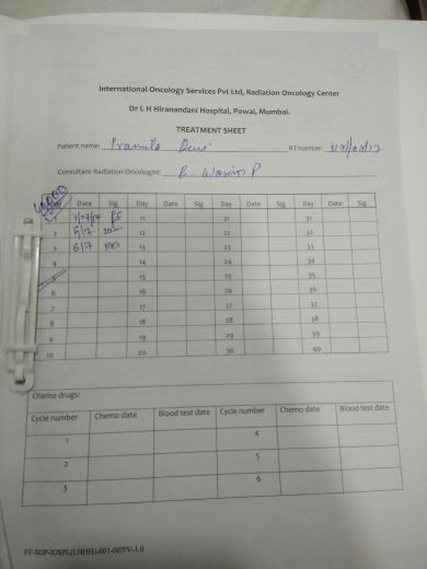 RadioTherapy Treatment Sheet