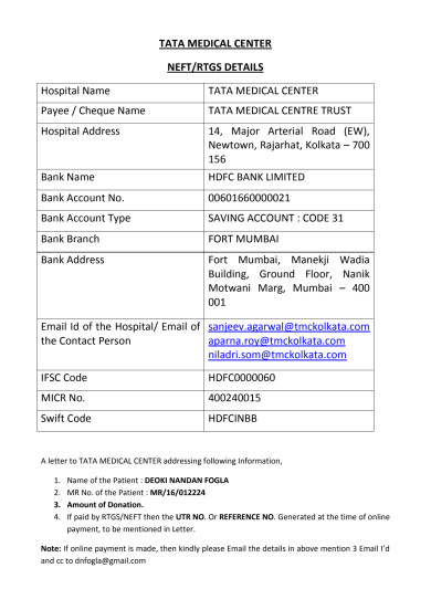This is the payment detail provided by the TATA Medical Centre