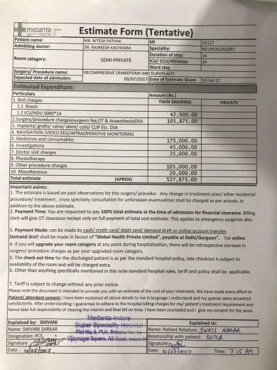 Estimation letter from Medanta Hospital