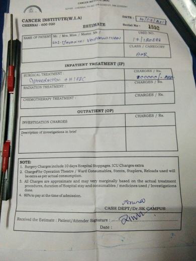 Estimated Surgery cost 8 lakh atCANCER INSTITUTE (W.I.A) Adyar,chennai