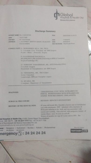Discharge Summary from previous surgery at Global Hospital during 2010