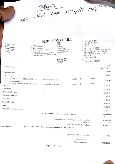 Provisional bill for eyebrow bone surgery