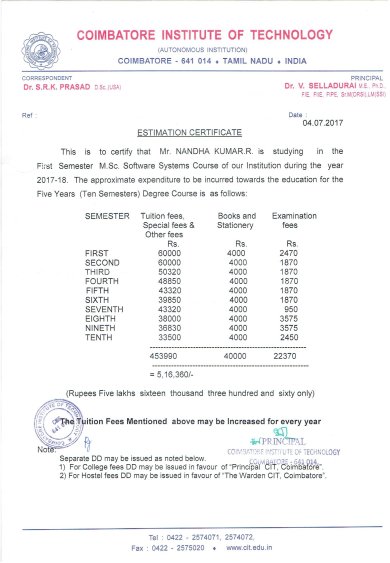 Fees estimation certificate