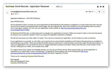 Confirmation Email from Guinness Book Of World Records