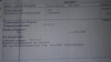 Receipt - Initial amount of 1lakh paid toward surgery