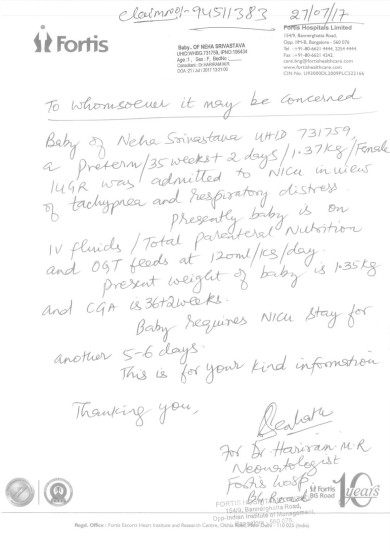 Interim bill and letter by Doctor intial days of addmission in NICU