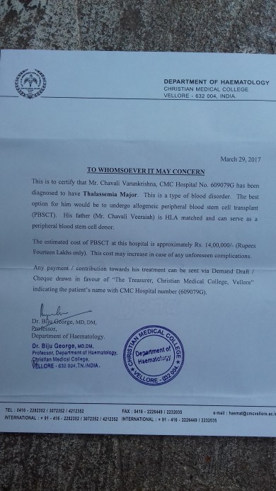 Letter from Christian Medical college vellore (CMC Vellore)