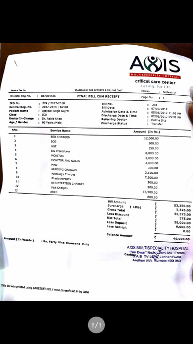 Bill of two days 5th to 7th mrng at axis hospital andheri west...
