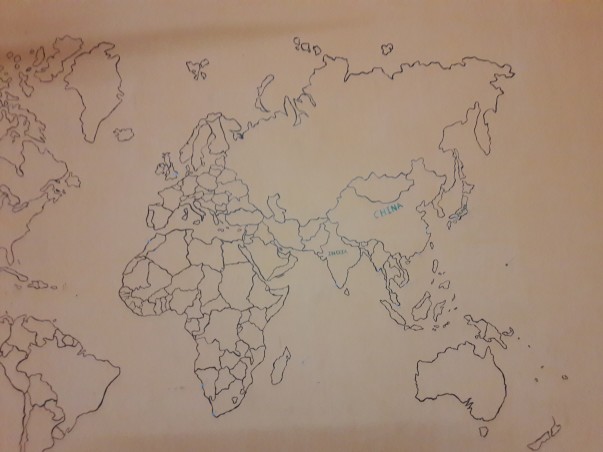 Hand drawn world map in the classroom Hand drawn world map in the classroom