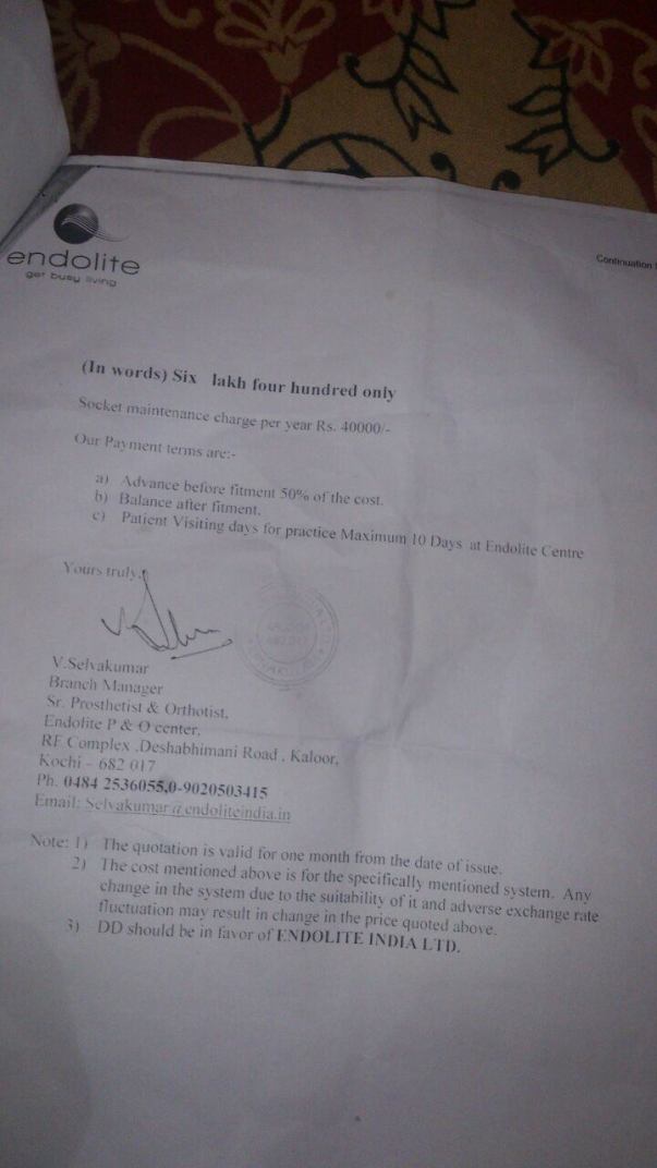 ESTIMATE FOR HIS ARTIFICIAL LIMB SURGERY