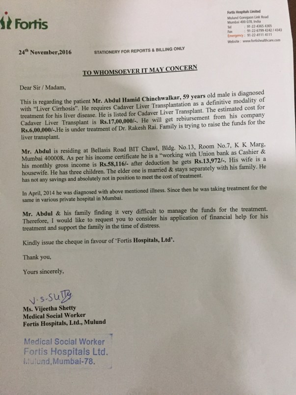 Fortis hospital social worker letter