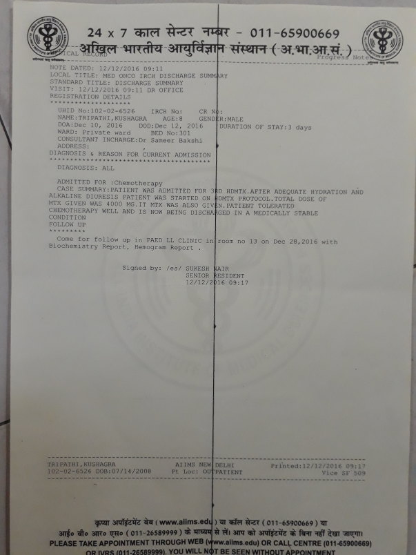 Discharge summary of third chemo therapy.