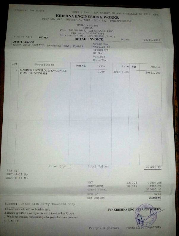 Receipt of the generator purchased
