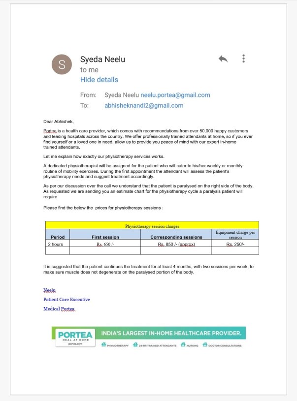 Portea estimate email copy - physiotherapy