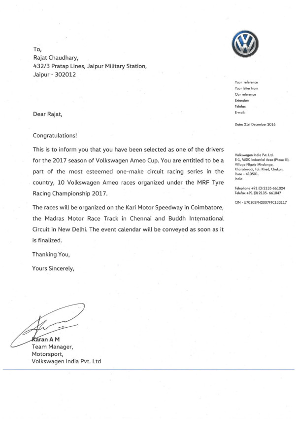 Official selection letter from Volkswagen Motorsports India