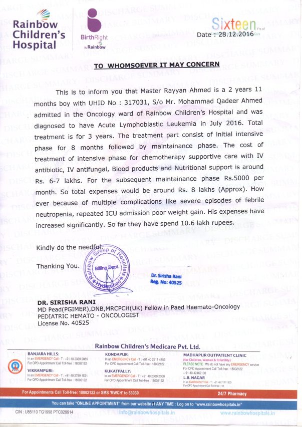 Approximate coat of treatment around 20 Lakhs