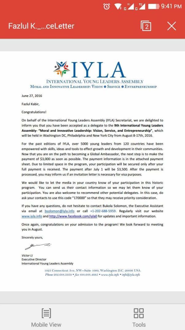 Acceptance letter of IYLA 2016