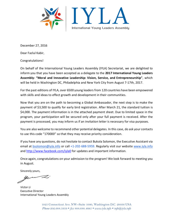 IYLA(USA) 2017 acceptance letter on my project