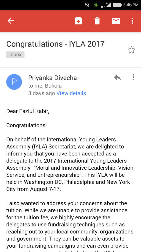 IYLA 2017 invitation as a delegate from India Email screenshot - 1