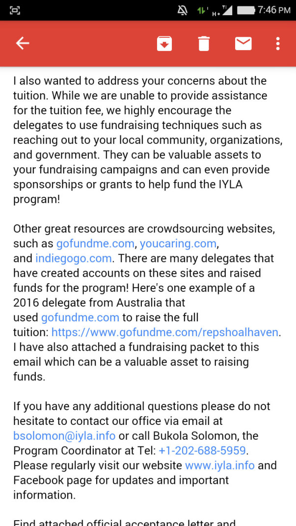 IYLA 2017 invitation as a delegate from India Email screenshot - 2