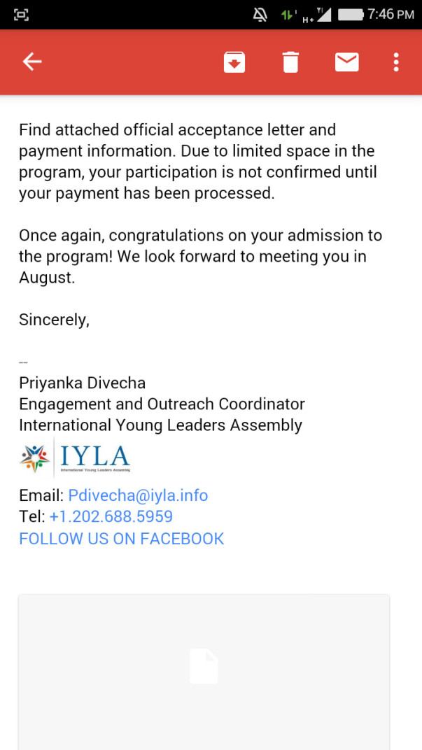 IYLA 2017 invitation as a delegate from India Email screenshot - 3