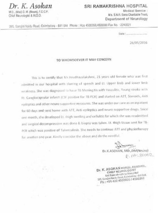Issue from Hospital stating the disease of Hrudhaiya Lakshmi.