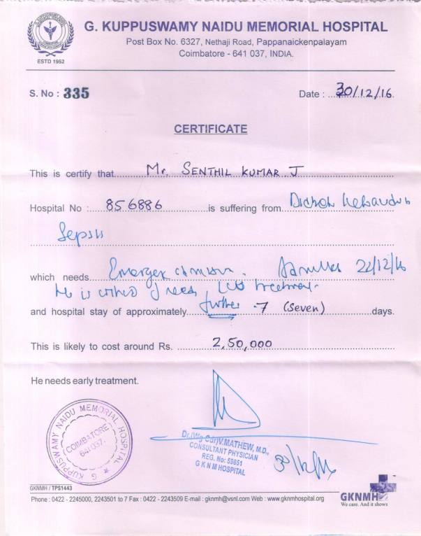 Request for Fund to save Senthil Life