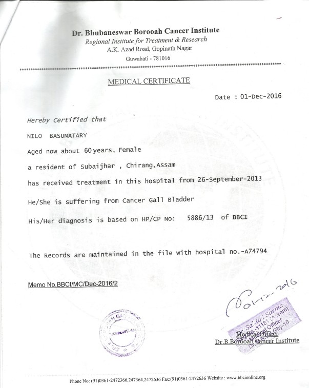 Medical Certificate from B.Borooah Cancer Institute Guwahati