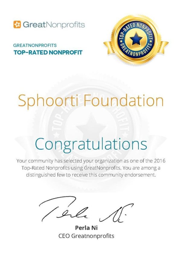 Sphoorti gets recognition from GreatNonprofits.org