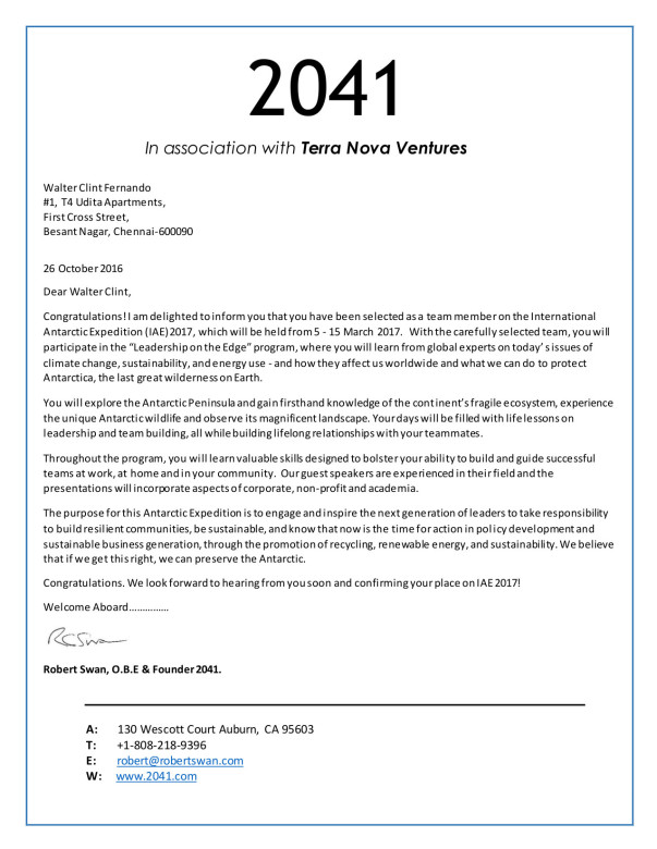 Invitation from Sir Robert Swan