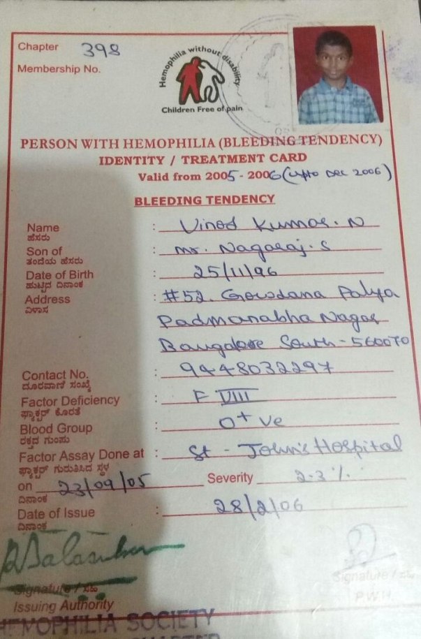 Haemophilia patient certificate