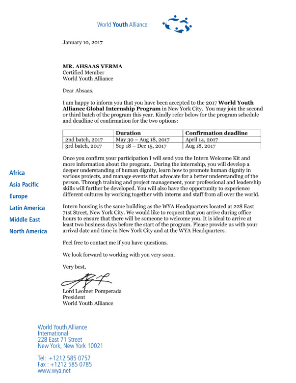 Internship Acceptance letter