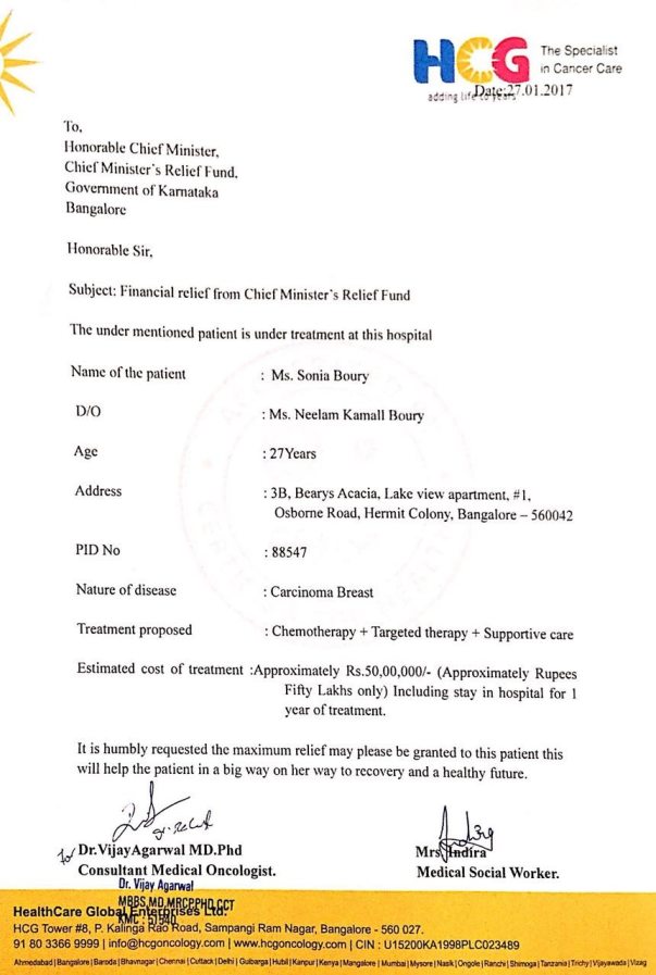 Letter from Dr. Vijay Agarwal, HCG Bangalore