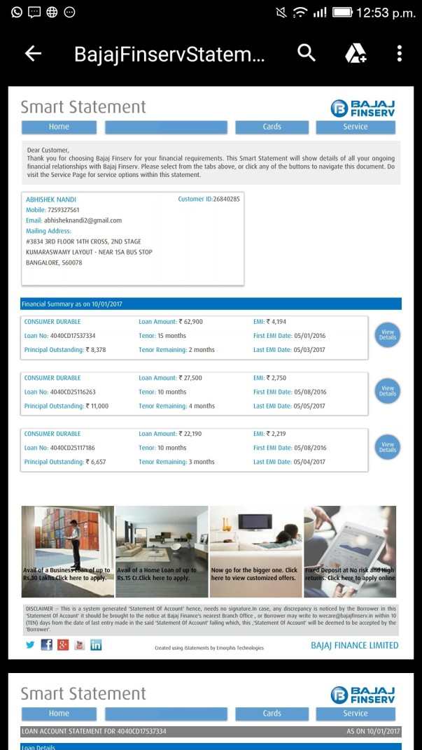 Emi summary for the appliances purchased for baba