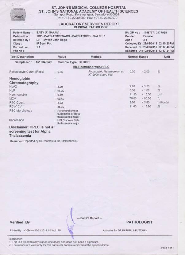 Baby Saanvi Test Report