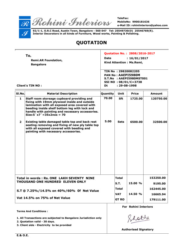 Quotation for repairs