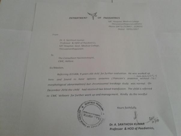 Doctor's letter stating the disease and referring him to Vellore