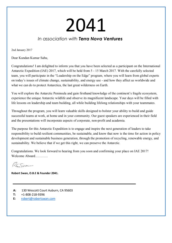 Selection letter by the organisation.