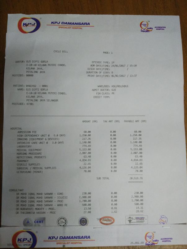 1 week bill amount