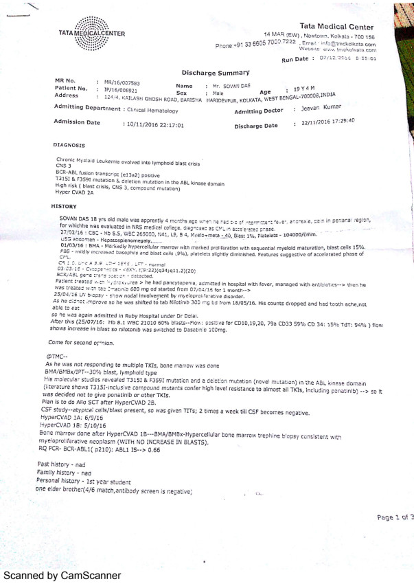 Medical Document from Tata Cancer Research Center & Approx Cost List