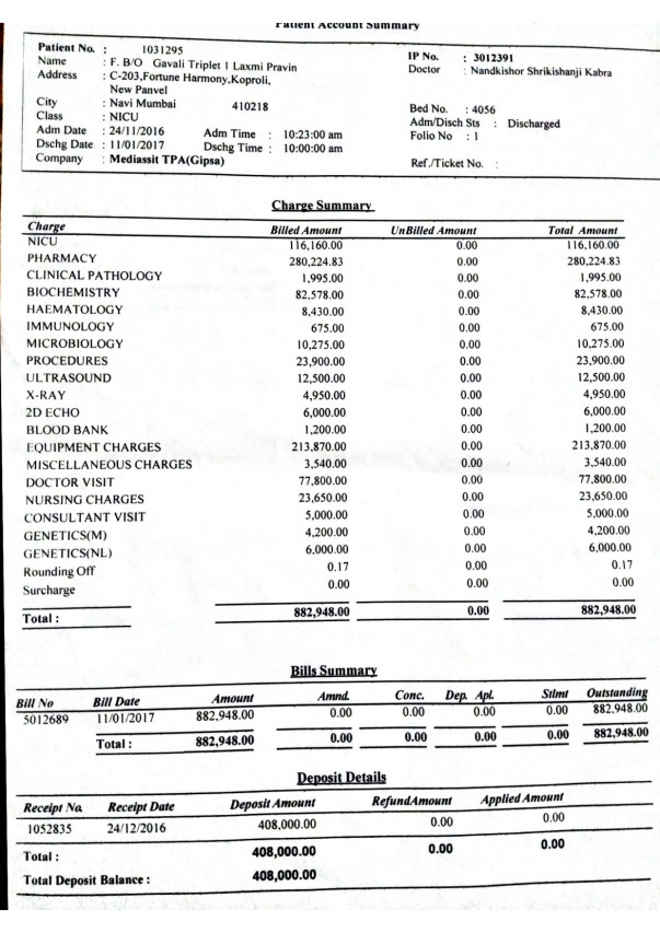 Triplet 1 bill summary