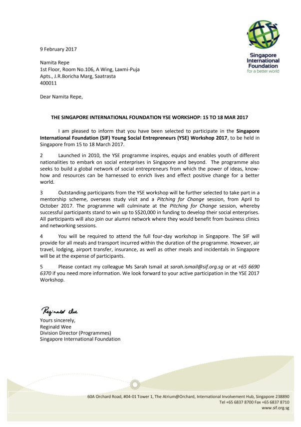 Young Social Entrepreneur Selection Letter