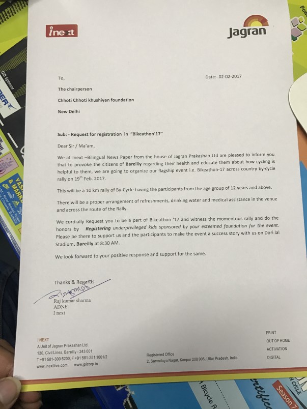 Letter to organisation from Dainik JAGRAN for sponsorship