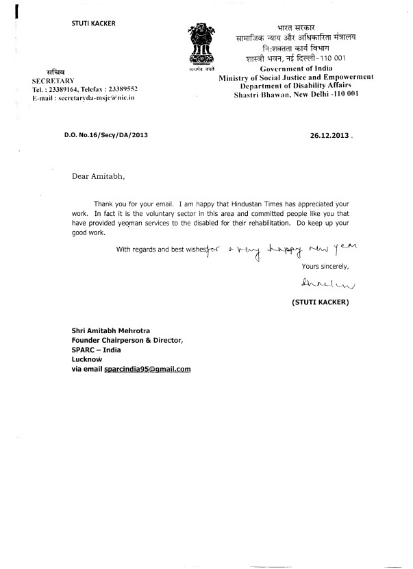 Letter from Secretary Ministry of Social Justice &Empowerment GOI