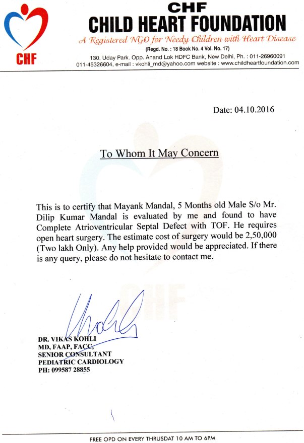 Estimated Letter from a Pediatric Cardiologist- Dr. Vikas Kohli