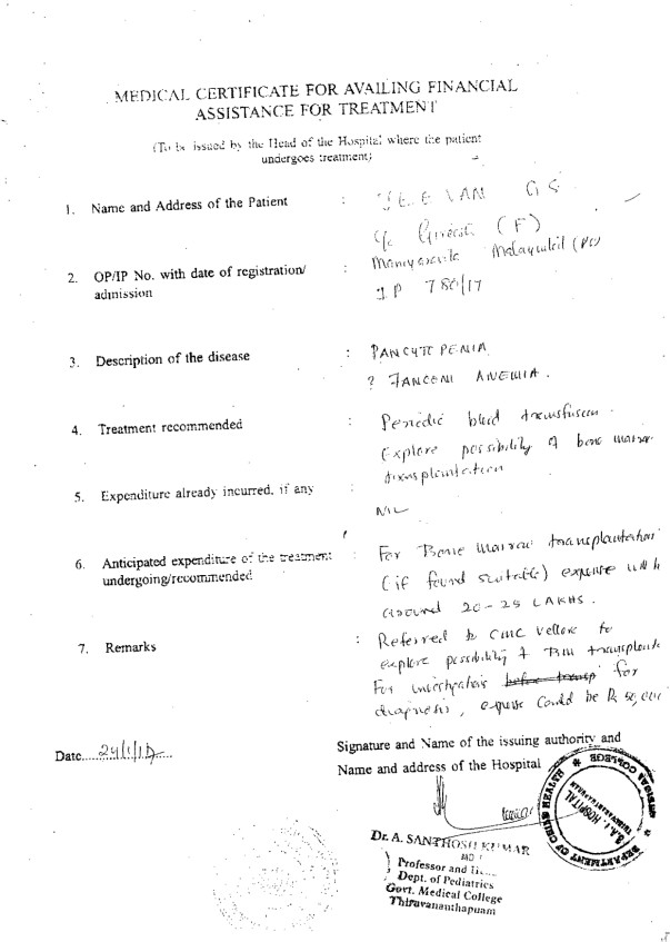 Doctor's letter with the approximate estimate of the treatment